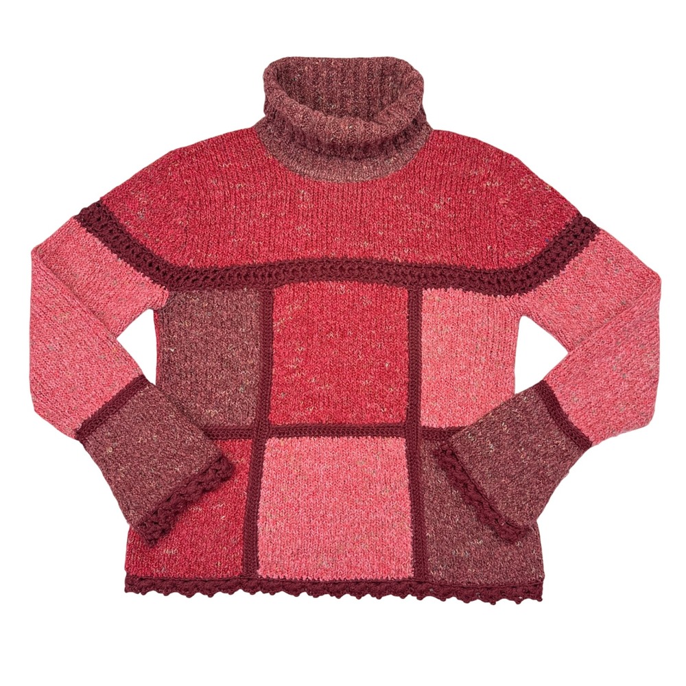 Vintage Rene Derhy Sweater Women Size 10 Pink Colorblock Knit Pullover Cowl Neck